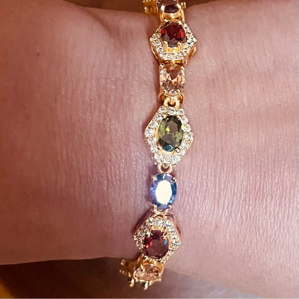 18K Gold Filled Multicolor Gemstone CZ Tennis Bracelet Red Green Purple Pink New - Picture 9 of 12